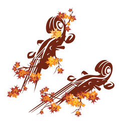 violin instrument neck and pegbox among autumn maple tree branches - fall season outdoor classical music concert vector design set
