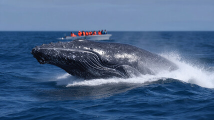 Fototapeta premium Group of people looking on whale.