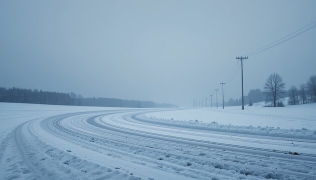Tire tracks on a snow-covered country road. - Powered by Adobe