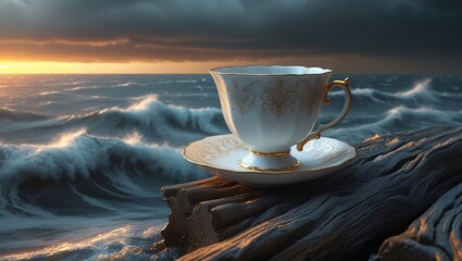 Elegant teacup on driftwood dramatic ocean sunset
