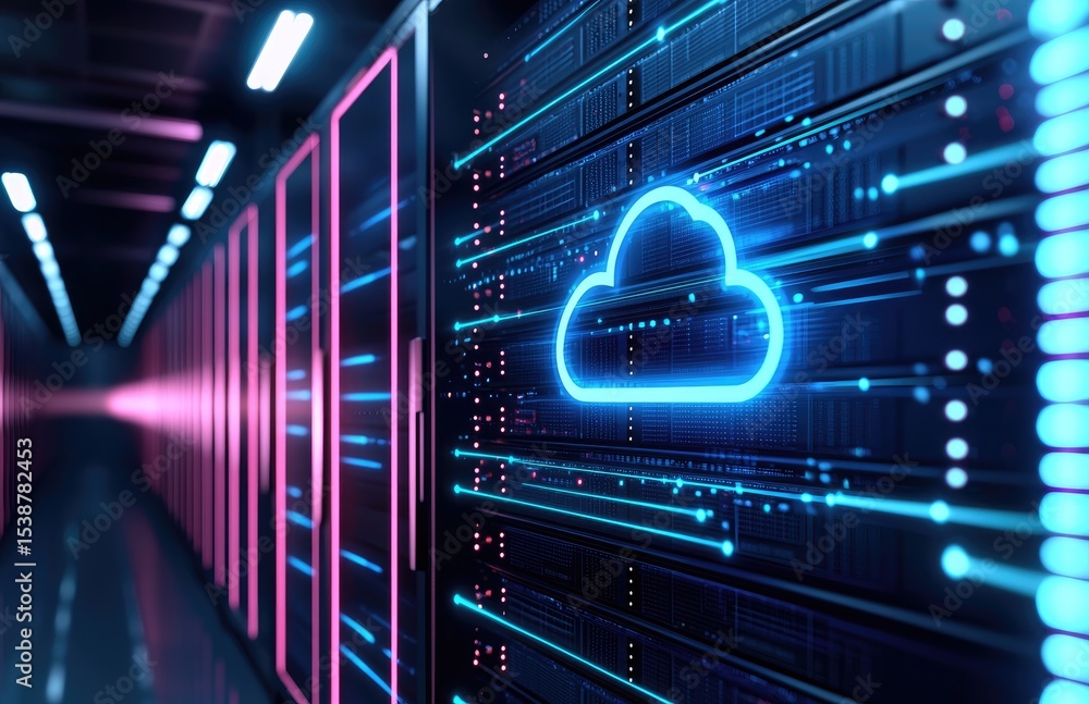 Poster Modern data center corridor featuring illuminated cloud icon and high-speed connections, ideal for cloud computing, data storage, network infrastructure, and tech marketing visuals