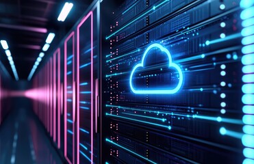 Modern data center corridor featuring illuminated cloud icon and high-speed connections, ideal for cloud computing, data storage, network infrastructure, and tech marketing visuals