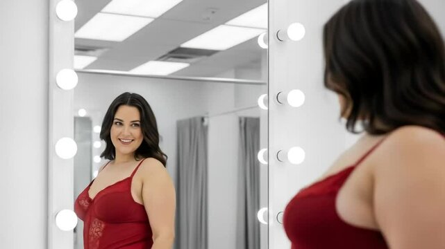 Confident plus size woman wearing red lingerie admiring herself in mirror in dressing room