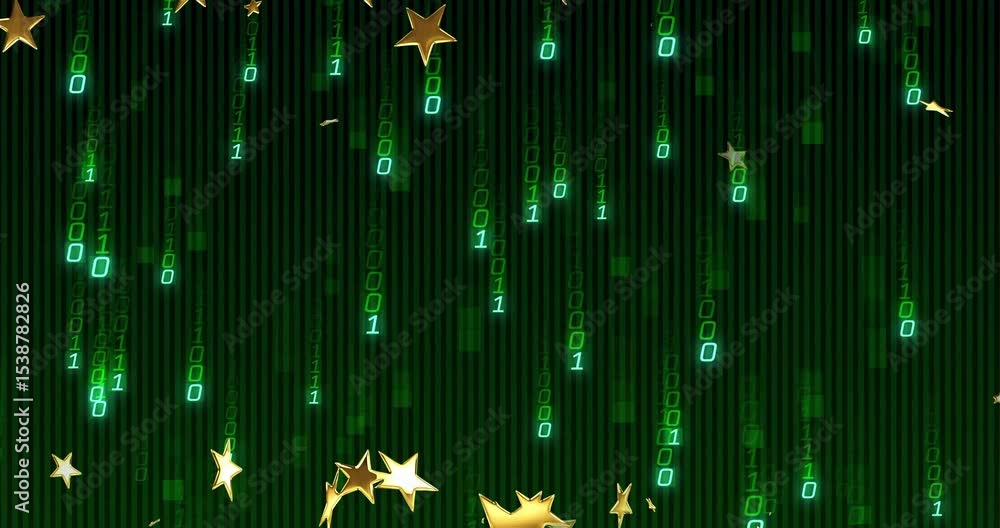 Poster at start golden stars drifting downward while green binary digits cascading to show data flow