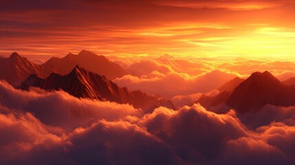 Naklejka premium Fiery sunset over a mountain range shrouded in clouds.