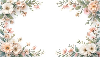 Fototapeta premium Vintage floral border with soft pastel roses, peonies, and leaves on white background. Perfect for wedding invitations, greeting cards, and elegant designs with space for text in the center.