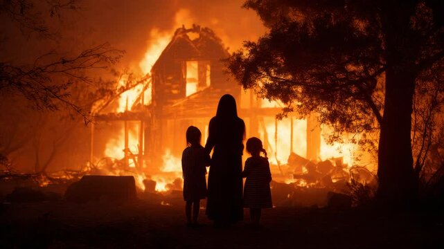 Family stands silhouetted before a raging fire consuming their house, a scene of loss and tragedy