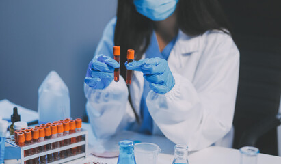 Research, experiment and medical trial being done by a scientist in a lab, science facility or...
