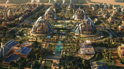 Obraz premium Futuristic Cityscape with Advanced Architecture, Lush Greenery, and Sustainable Energy Solutions in a Vibrant Landscape