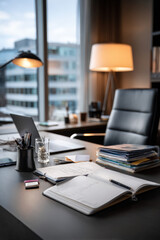 Naklejka premium Spacious executive office with wood desk, leather chairs, and lush plants, illuminated by floor-to-ceiling windows overlooking a sunny cityscape. 