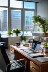 Fototapeta premium Spacious executive office with wood desk, leather chairs, and lush plants, illuminated by floor-to-ceiling windows overlooking a sunny cityscape. 