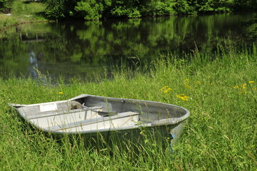 Row boat in tall grass by lake