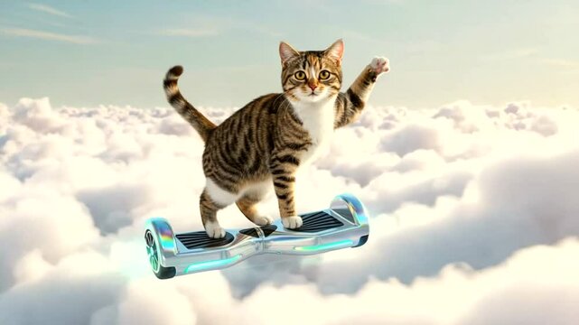 A playful cat riding a hoverboard above fluffy clouds, showcasing a whimsical and joyful scene