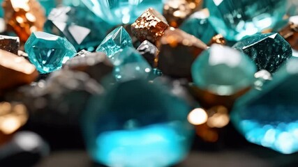 Pile of angular blue, brown, and gold gems and minerals with glittering facets reflecting light, close-up, abstract. - Powered by Adobe