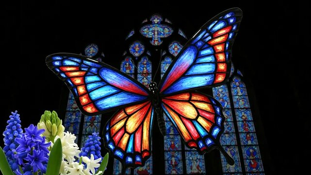 Vibrant stained glass butterfly in a cathedral, surrounded by colorful flowers, evoking serenity