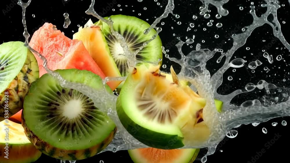 Aufkleber fresh fruit splashing in water with vibrant colors creating an appetizing and energetic atmosphere f