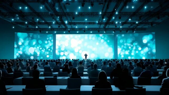 A conference hall filled with people attending a presentation with an illuminated stage