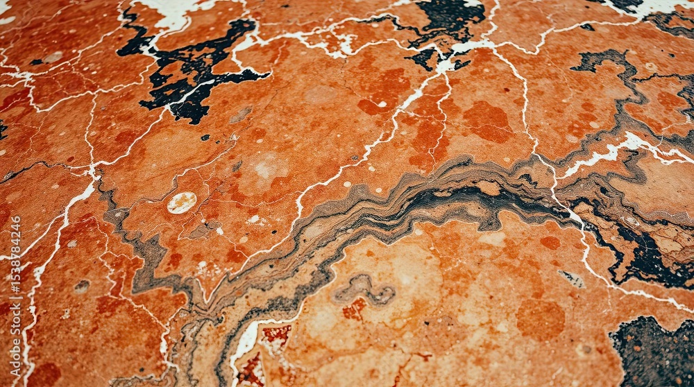 Poster detailed close-up view of a vibrant red and brown marble surface with intricate patterns
