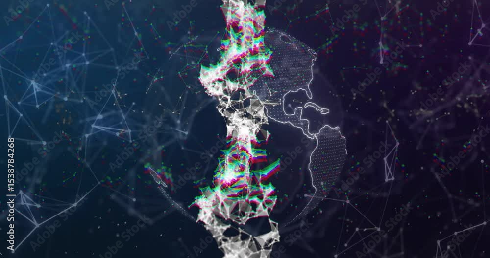Poster sequence starting on backdrop pulsing column glitching colors and rotating globe visualizing data