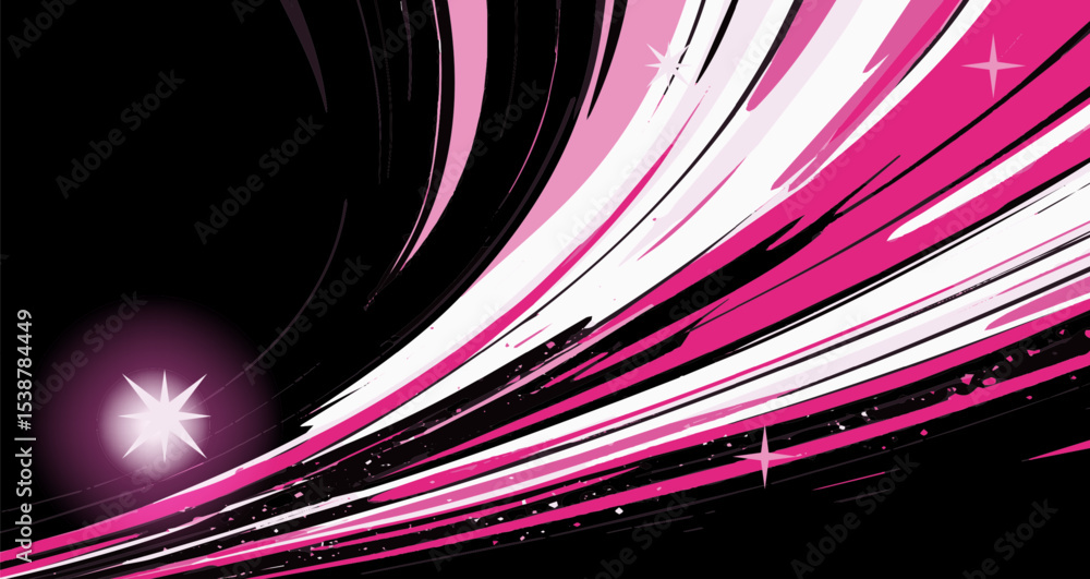 Aufkleber Bold and energetic abstract anime background, with sharp streaks of pink and white, and stars, creating a sense of speed and striking motion.