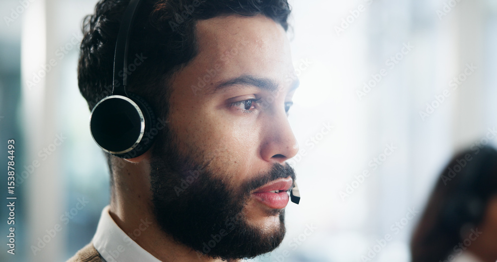 Poster serious, profile and man in call center for help, it advice or technical support. headset, problem s