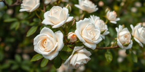 Obraz premium Close-up of pristine white roses on branches, natural background, real, beauty