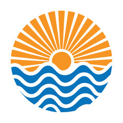 Orange Sun Rays Over Blue Ocean Waves Circular Design