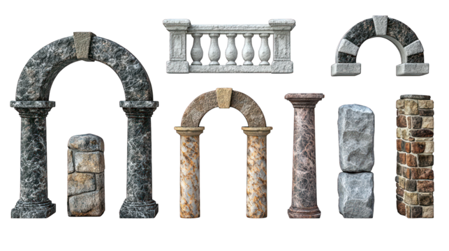 Stone architectural elements arches, columns, balustrade