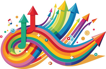Colorful upward arrows and rainbow swirls abstract design