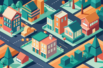 Isometric illustration of a colorful suburban neighborhood