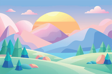 Pastel mountains sunset landscape illustration