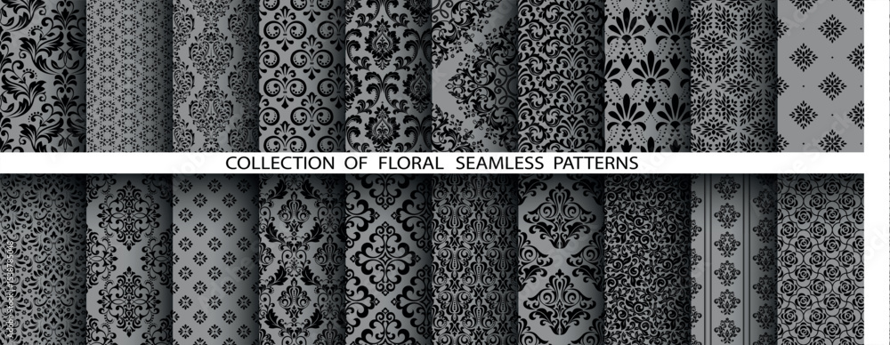 Poster geometric floral set of seamless patterns. gray and black vector backgrounds. damask graphic ornamen