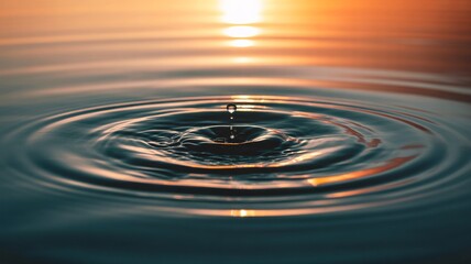 Serene sunset water droplet ripples create calming concentric circles on tranquil lake surface