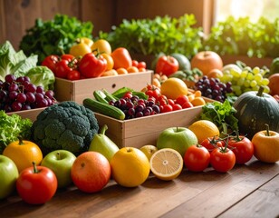 Primer plano de verduras y frutas frescas y coloridas dispuestas sobre una mesa de madera