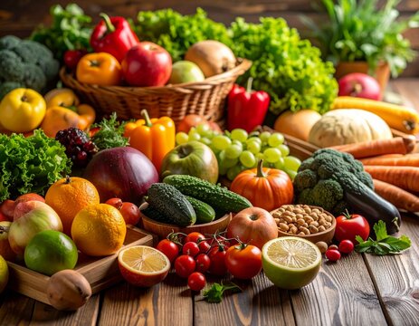 Primer plano de verduras y frutas frescas y coloridas dispuestas sobre una mesa de madera