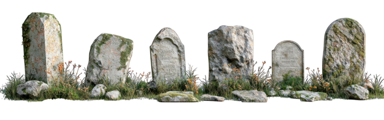 Stone gravestones in grassy area, weathered and aged