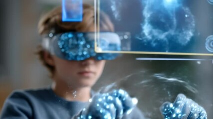 Young Boy Explores Immersive Virtual Reality World with Futuristic VR Headset and Interactive Gloves - Powered by Adobe