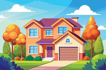 Two story suburban house with autumn trees and garage