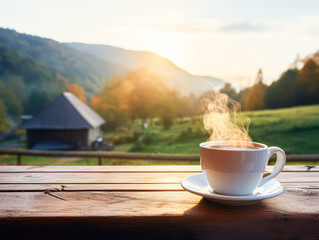 A steaming cup of coffee sits on a wooden table overlooking a sunlit countryside with hills and a rustic cabin in the background.