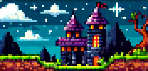 Vibrant pixel art vector of a fantasy castle at night, following the popular retro gaming style. Bright purple, green, and blue shades, square shapes, and blocky lines dominate the scene. © local_doctor