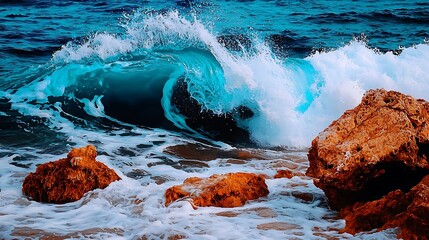 Ocean wave crashing over rocks turquoise water white foam sea beach coast