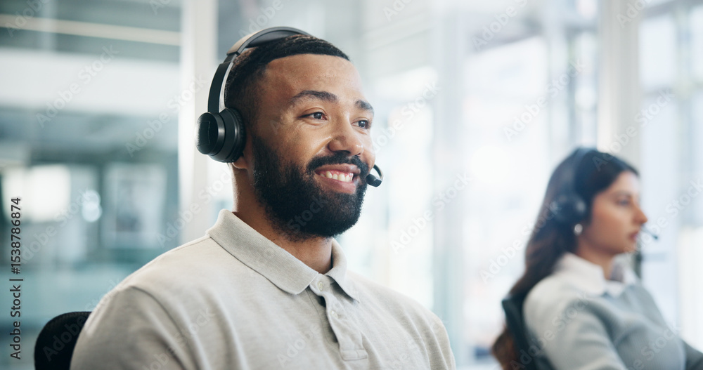 Poster consulting, headset and support with man in call center for advice, assistance or solution. communic
