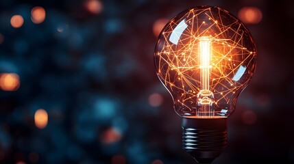 Minimalist light bulb with digital network and hardware inside. Concept: Symbol of innovation, interconnected systems, smart tech,tech branding and connected systems.