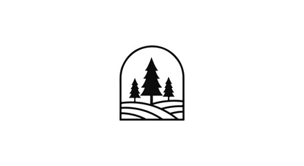 Minimalist Black and White Arch-Framed Logo Design Featuring Stylized Conifer Tree Silhouettes and Contoured Hills in Line Art
