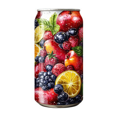 Refreshing Fruit-Infused Drink Can Featuring Apples, Berries, and Lemon in a Vibrant Design on transparent background
