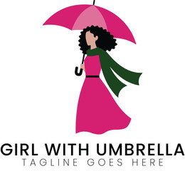 Stylish Woman Walking Pink Umbrella Green Scarf Fashion Design Graphic art girl flat cute logo icon 