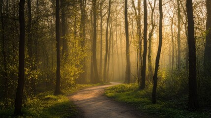 Fototapeta premium Serene forest path bathed in warm golden light of dawn or dusk, surrounded by tall slender trees, fresh green leaves, soft mist, and lush undergrowth.