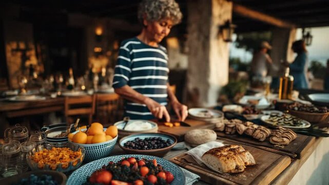A rustic wooden table overflows with freshly prepared tapas dishes while the chef waits behind. Concept of gourmet food culture.