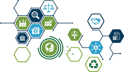 Banner ESG - Environmental, Social and Corporate Governance. Info banner calling to remember the involvement of this company in solving environmental, social and management problems with icons. Vector
