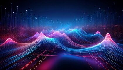 Abstract digital wave lines background with colorful gradient, glowing particles, and futuristic data visualization in vibrant blue, pink, and purple hues